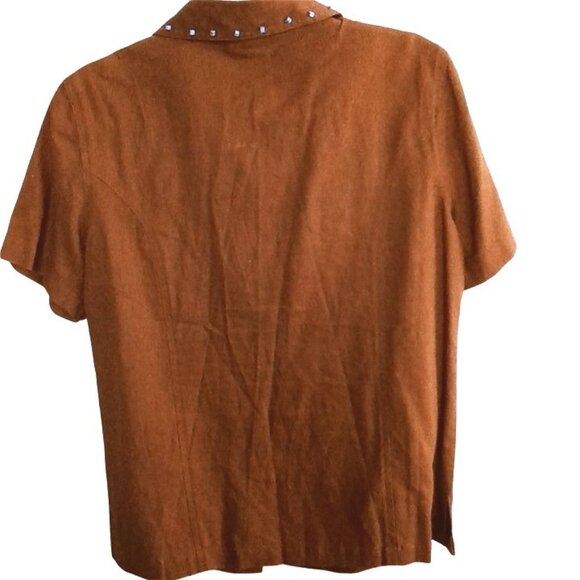 Button Up Brown Blouse Top Beads Size Large Linen Blend Short Sleeve - Picture 3 of 7